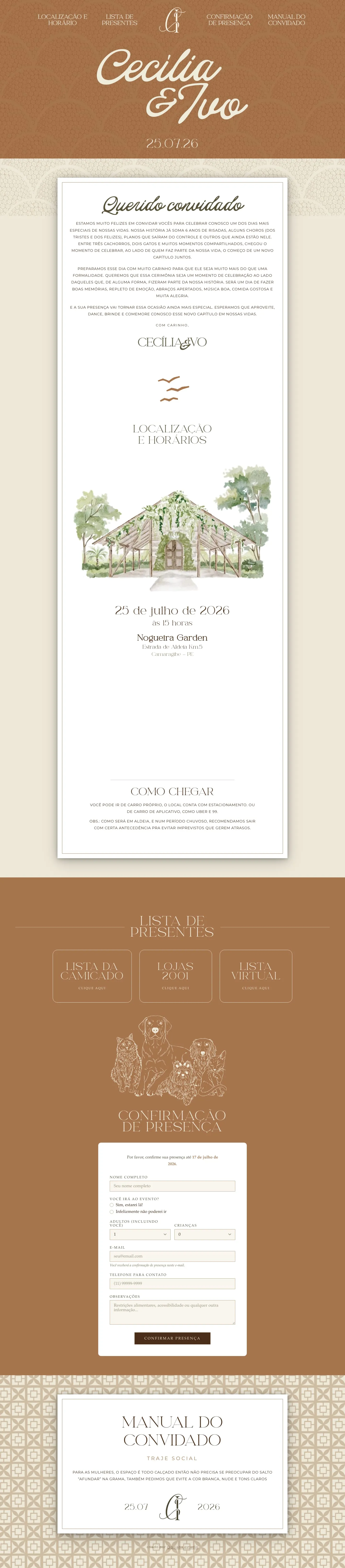 Cecília and Ivo wedding site from top to bottom: the couple's names in cream script over a terracotta pattern, a letter to guests, a watercolor of the venue, gift registries, the RSVP form and the guest guide