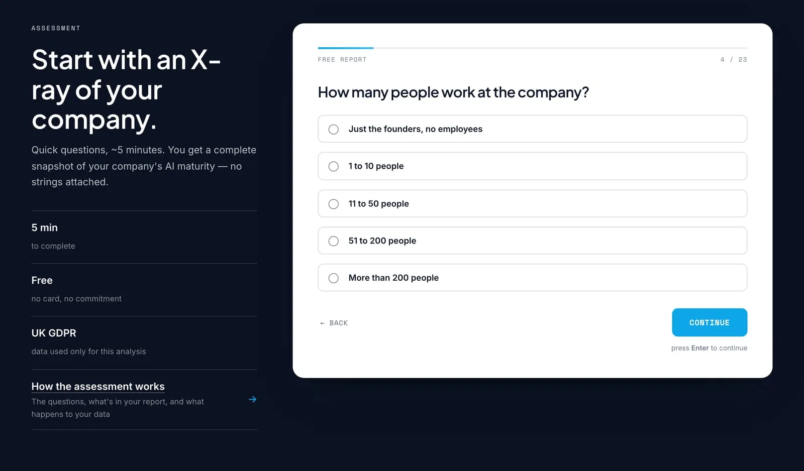 Kunavv assessment, question 4 of 23: how many people work at the company, with five options, a progress bar and a Continue button