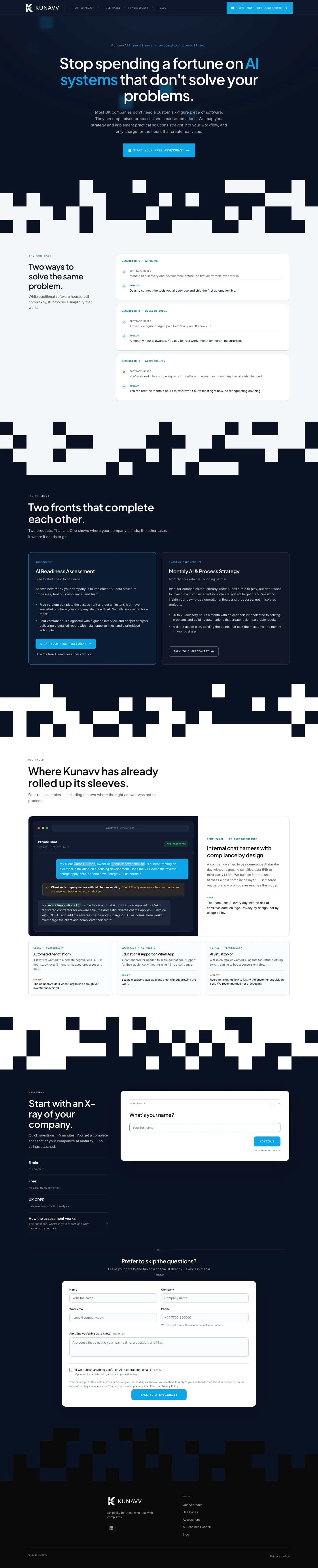 Kunavv home page from top to bottom: dark navy hero, the side-by-side comparison, the two offers, four use cases, the assessment and the contact form