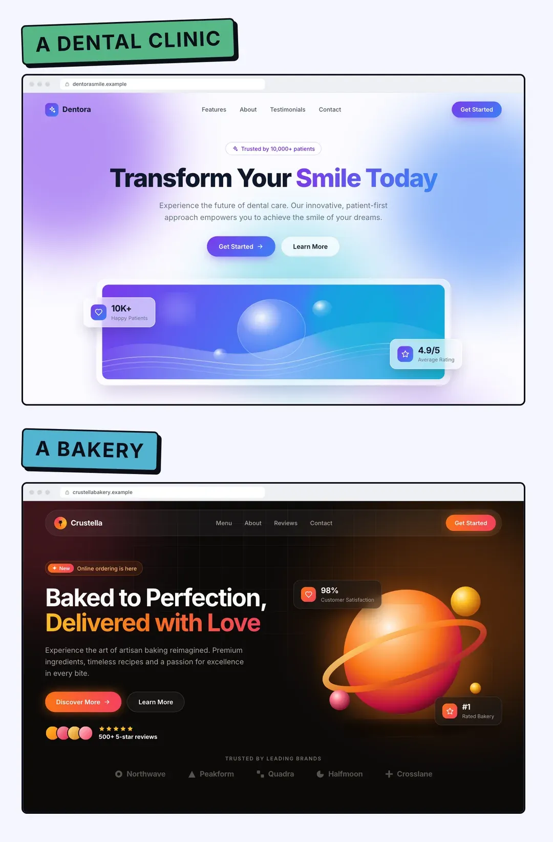 Illustration of the top of two AI-style landing pages, stacked. A light purple-and-blue page for a fictional dental clinic says Transform Your Smile Today, with an unsourced 10K+ Happy Patients stat. A dark orange page for a fictional bakery says Baked to Perfection, Delivered with Love, with 500+ 5-star reviews and abstract partner logos. Both use buttons like Get Started and Learn More.
